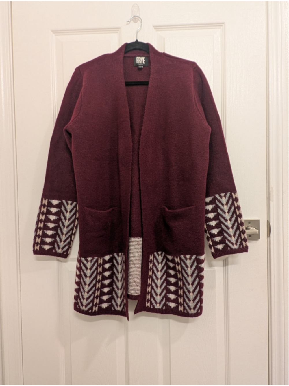 FRYE Women Med Burgundy Southwestern Aztec Fair Isle Open Front Cardigan Sweater - Picture 1 of 7